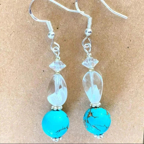 Handmade Boho Blue Turquoise Bead Dangle Earrings Glass Stacked 925 Silver Hooks - Picture 6 of 7